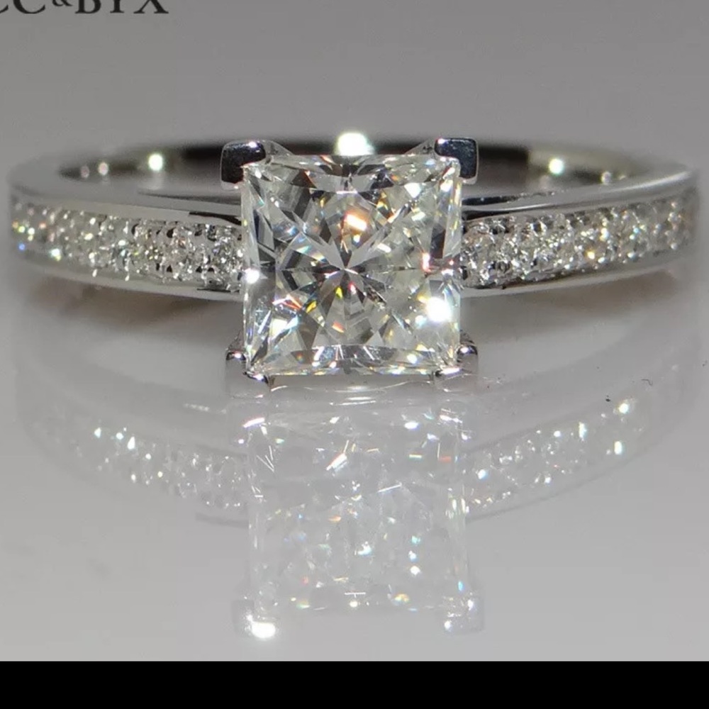 *14K White Princess Square Diamond Engagement Ring - Picture 1 of 6